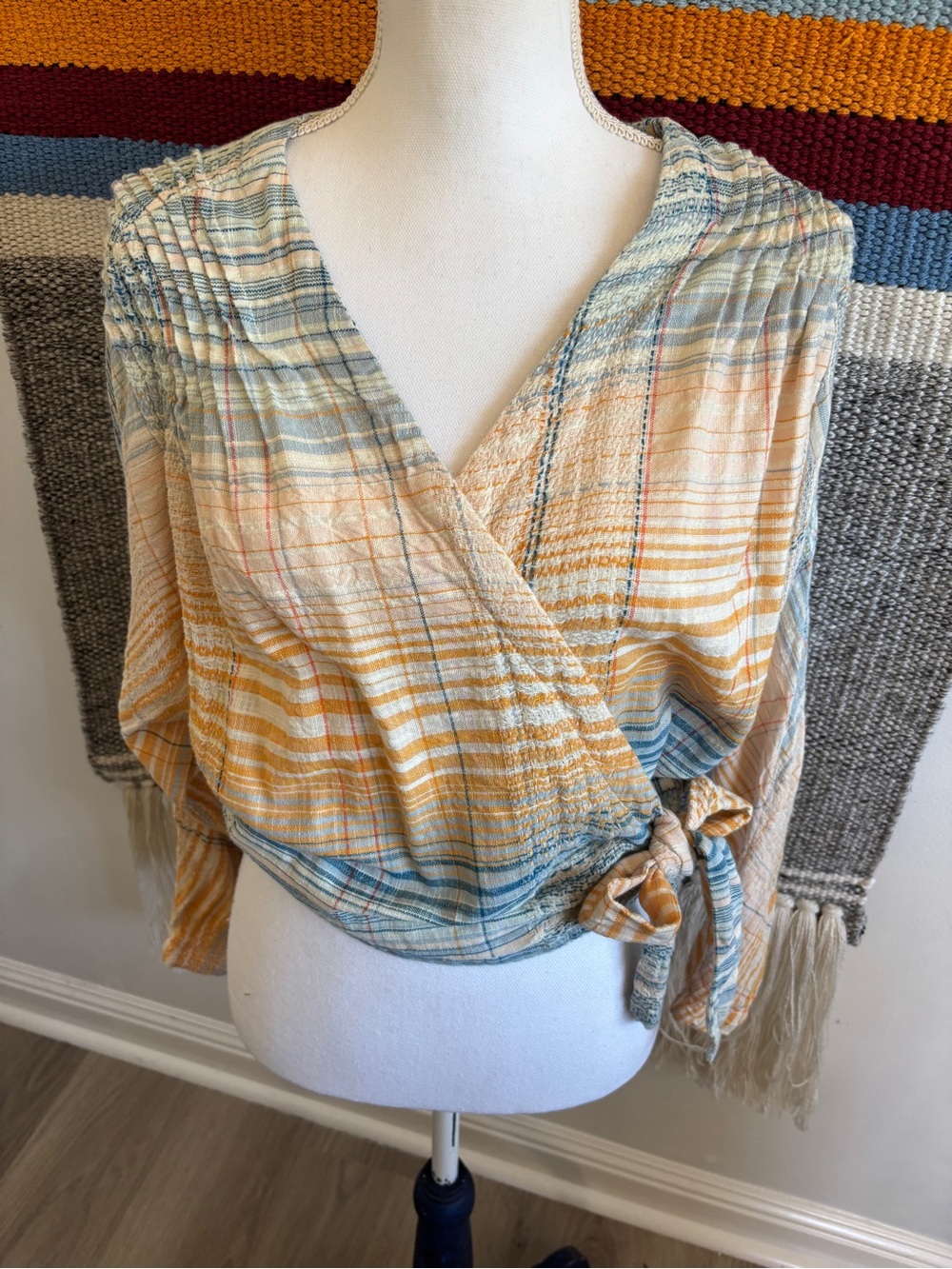 We The Free Yellow and Blue Plaid Cotton Wrap Blouse